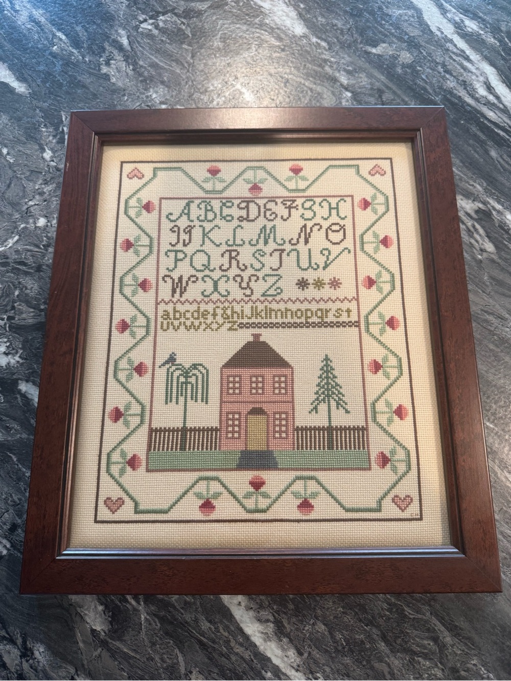 Framed Alphabet Cross-Stitch Sampler in Pink, Green and Brown